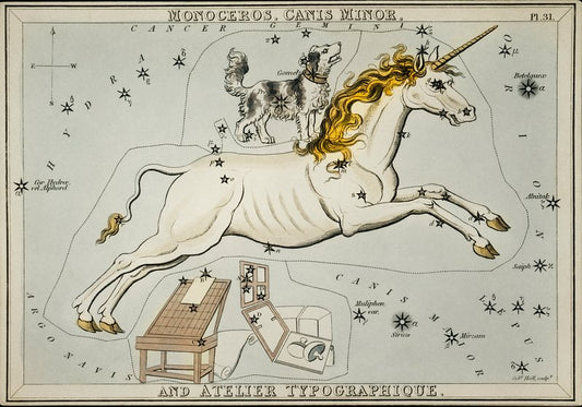 Astronomical chart illustration of the Monoceros, Canis Minor and the Atelier Typographique by Syndey Hall