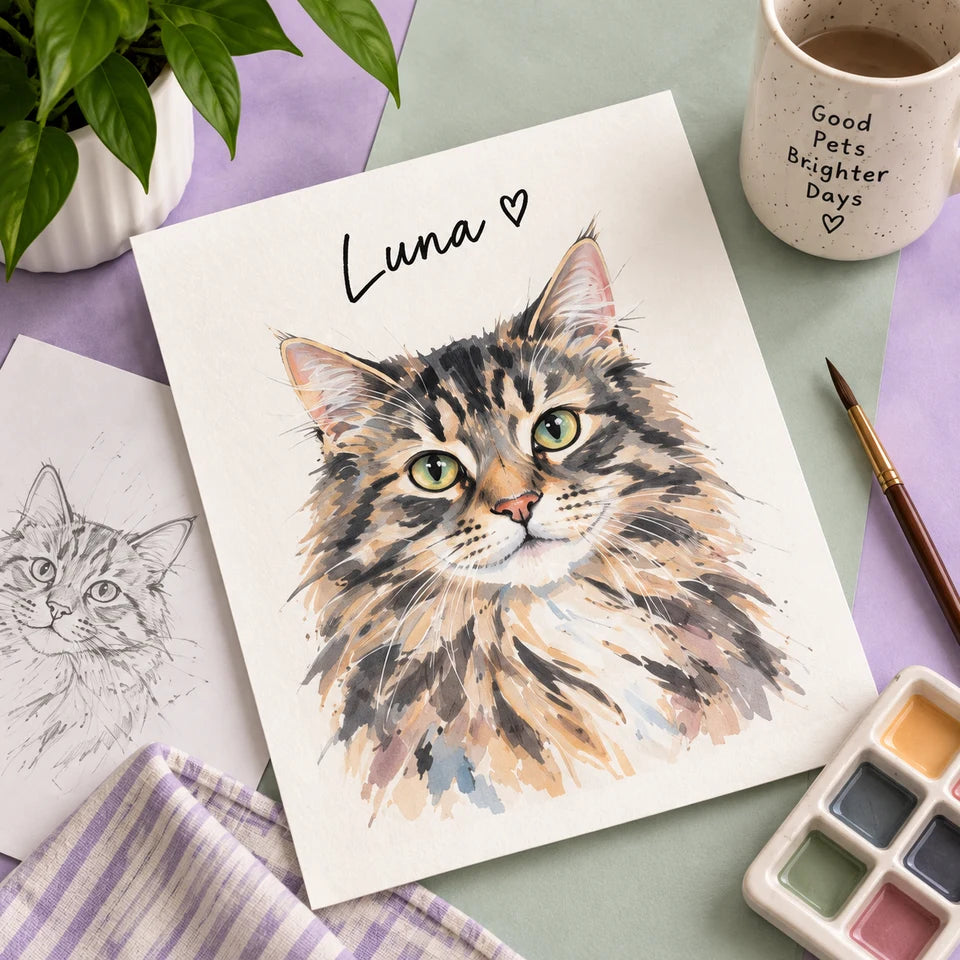 An illustrated Luna cat portrait on a pastel studio table