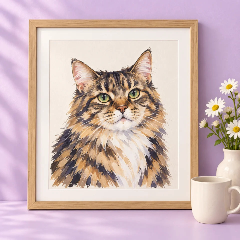 A painted tabby cat portrait in a wooden frame against a lilac studio wall