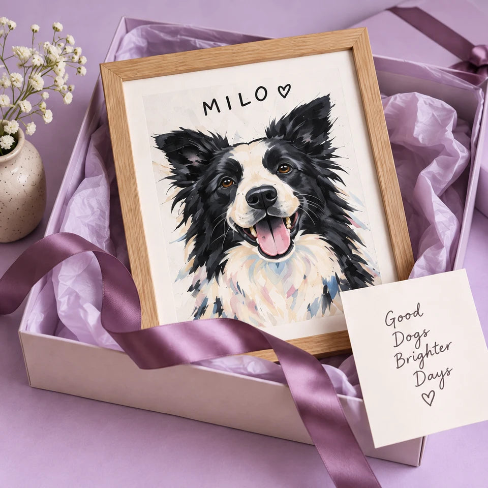 Milo pet artwork styled with lilac gift ribbon