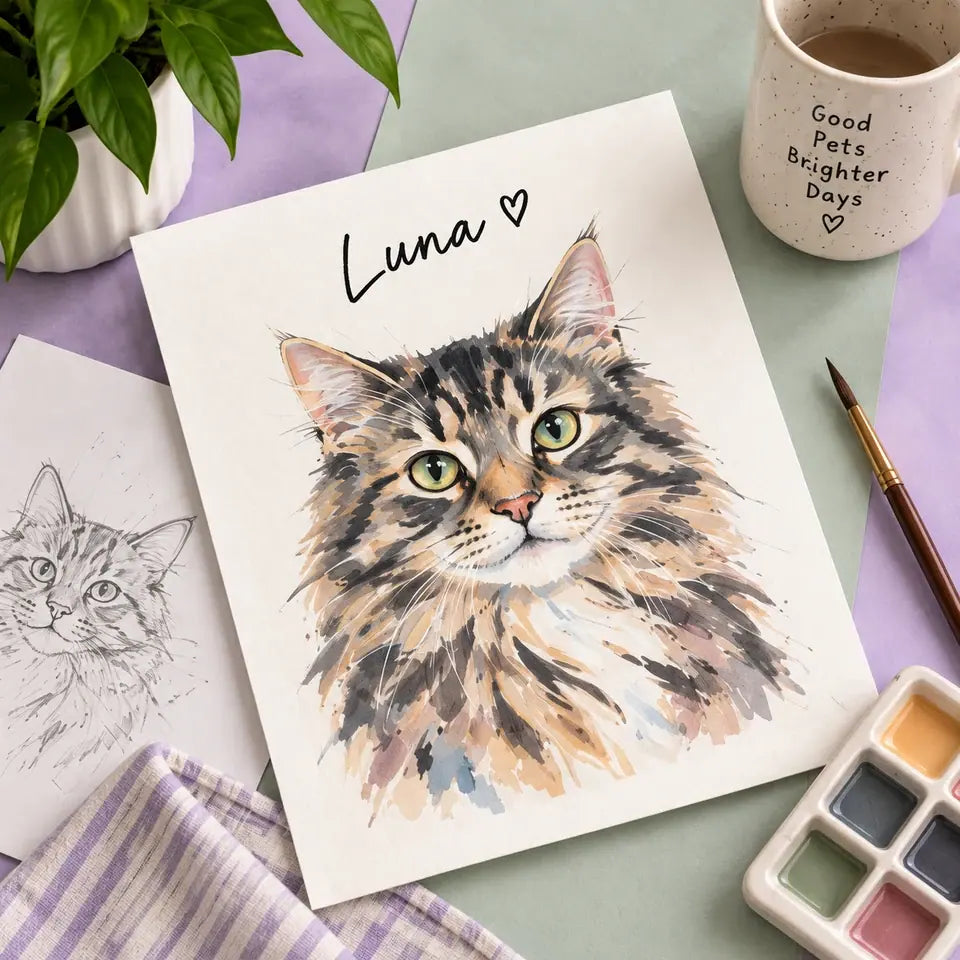 An illustrated Luna cat portrait on a pastel studio table