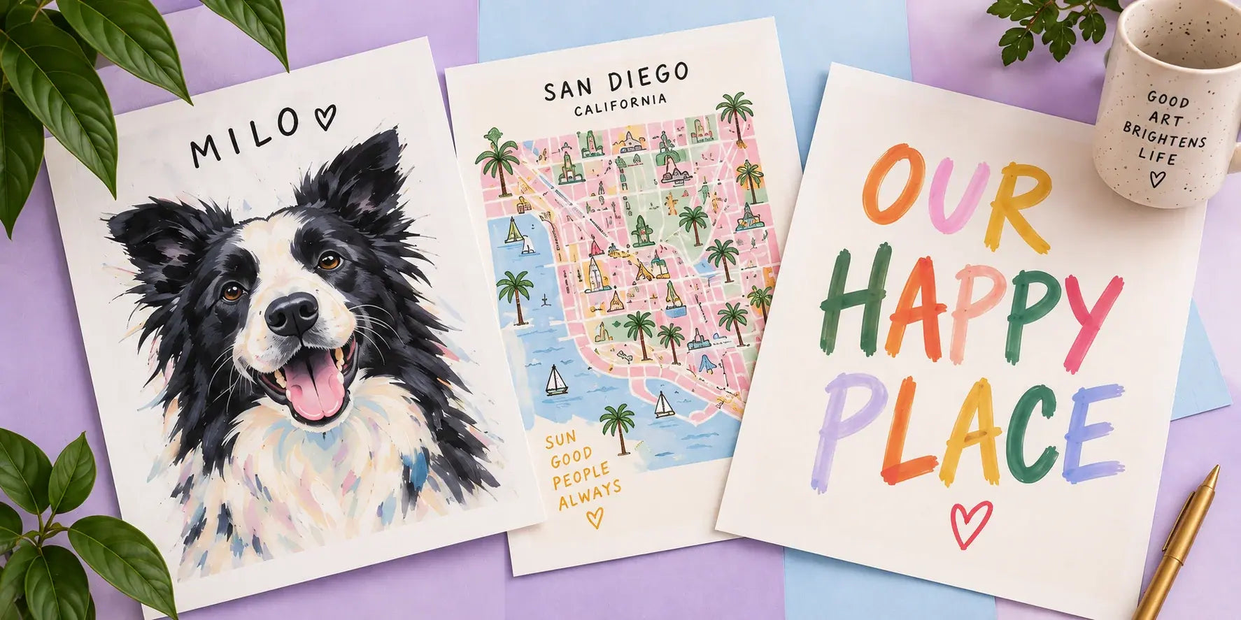 A pet portrait, an illustrated San Diego map and an Our Happy Place print on a pastel studio tabletop