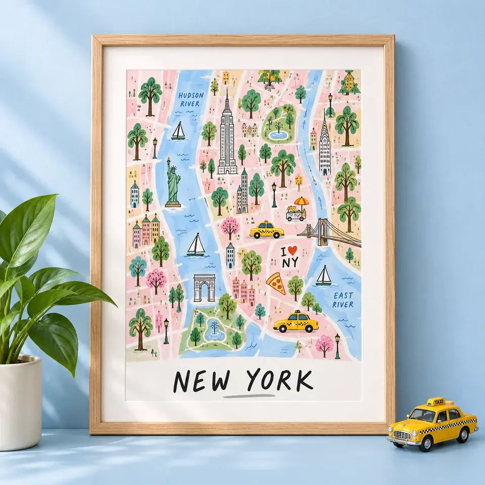 An illustrated New York map in an oak frame against powder blue