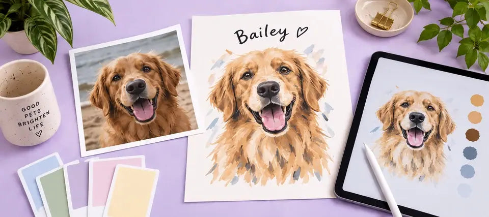 A favorite dog photo beside an artist interpretation