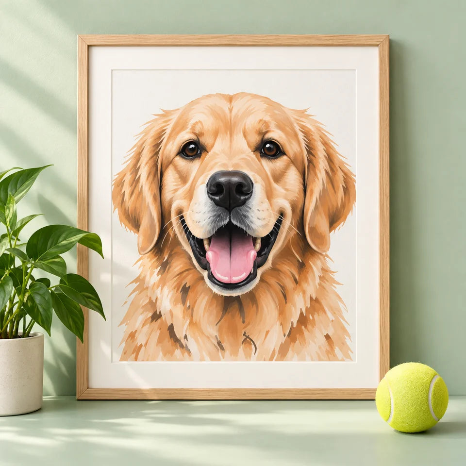 A golden retriever portrait in an oak frame on a sage green shelf