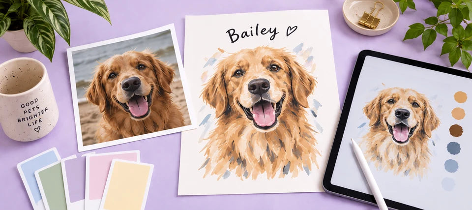 A favorite dog photo beside an artist interpretation