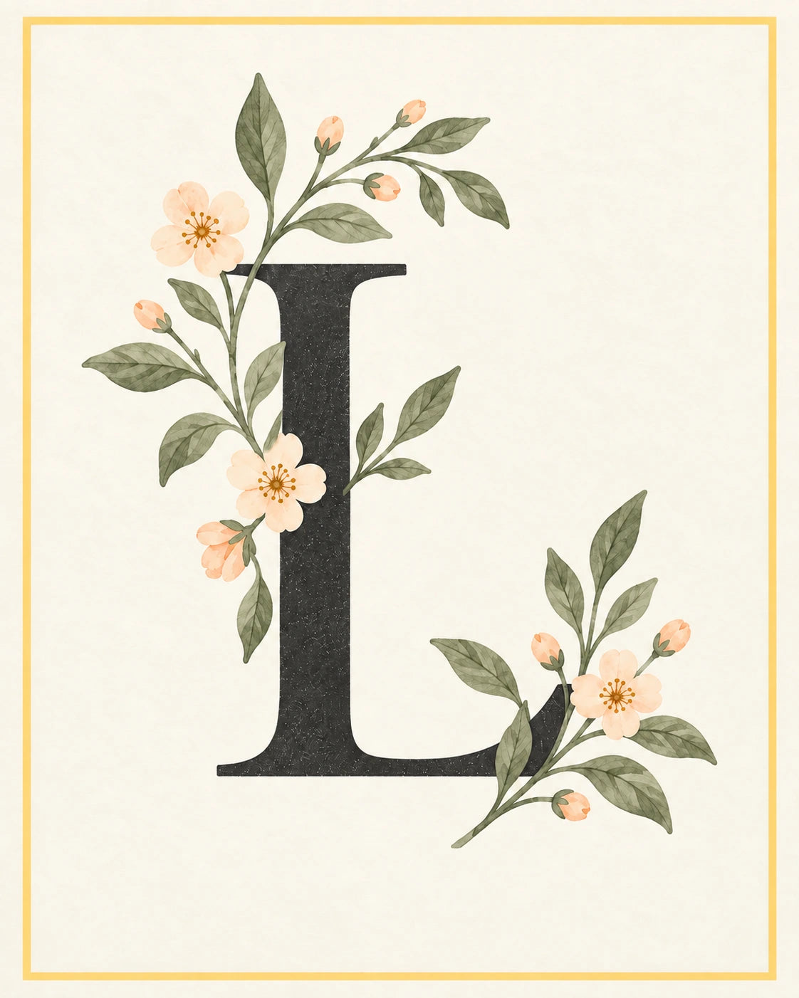 Botanical letter L with flowers and leaves