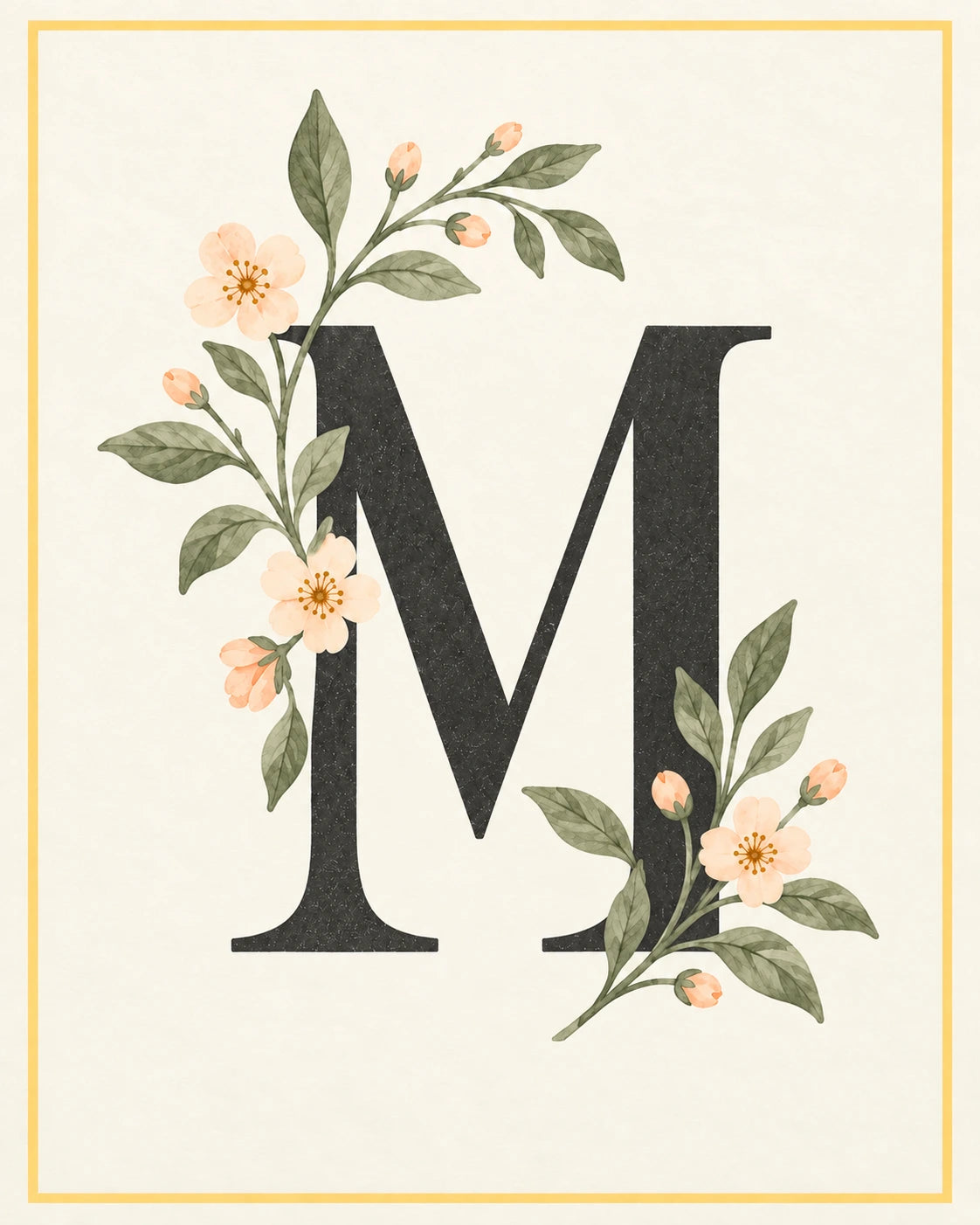 Botanical letter M artwork with flowers and leaves