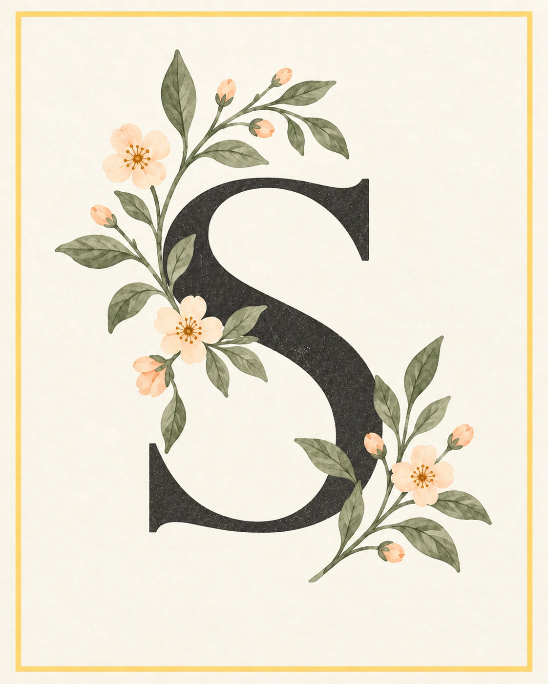 Botanical letter S with flowers and leaves