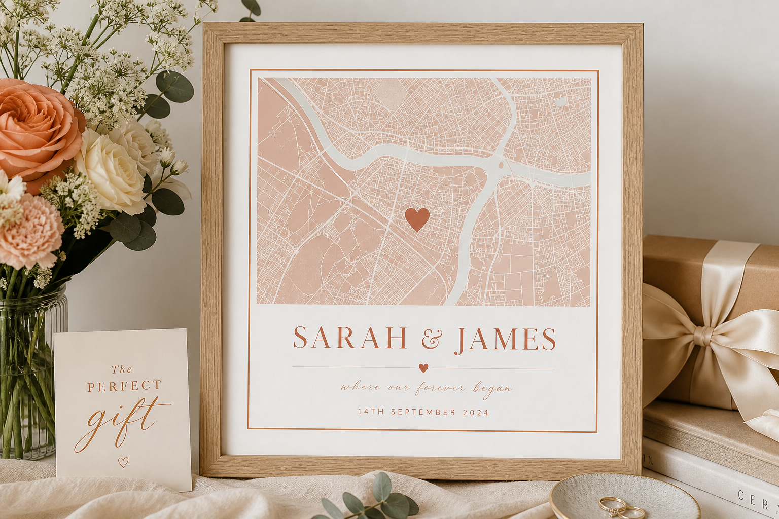 Custom couple's map art in walnut frame, primary product shot