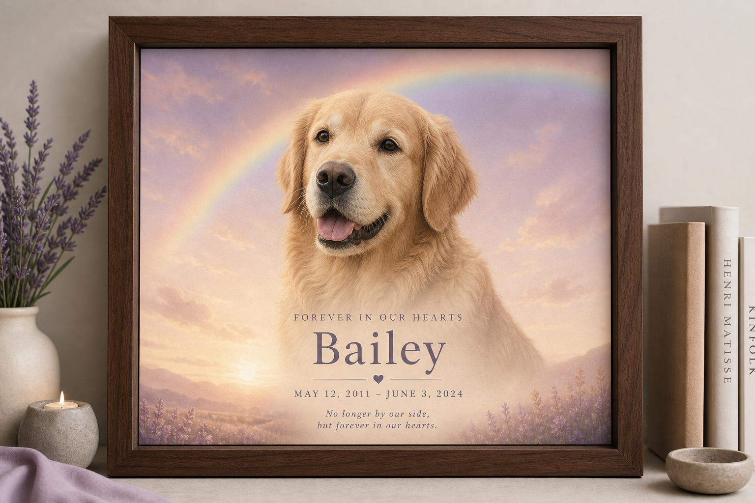 Soft watercolor memorial pet portrait, primary product shot