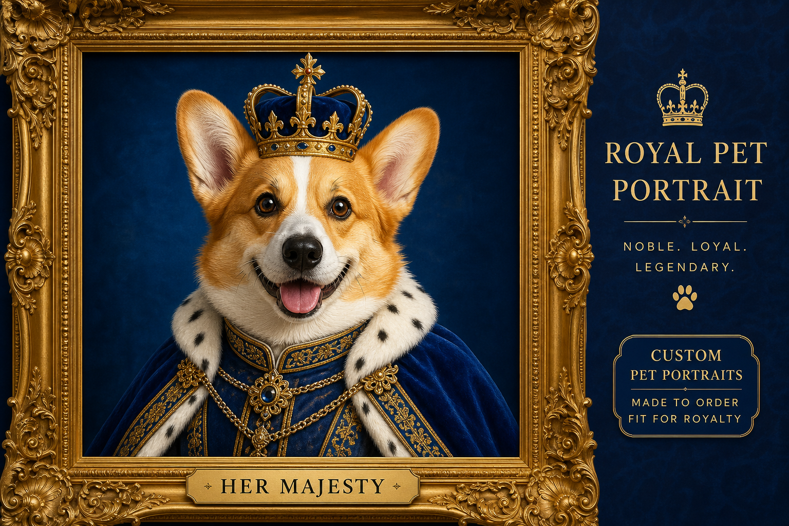 Custom royal pet portrait in gold frame, primary product shot