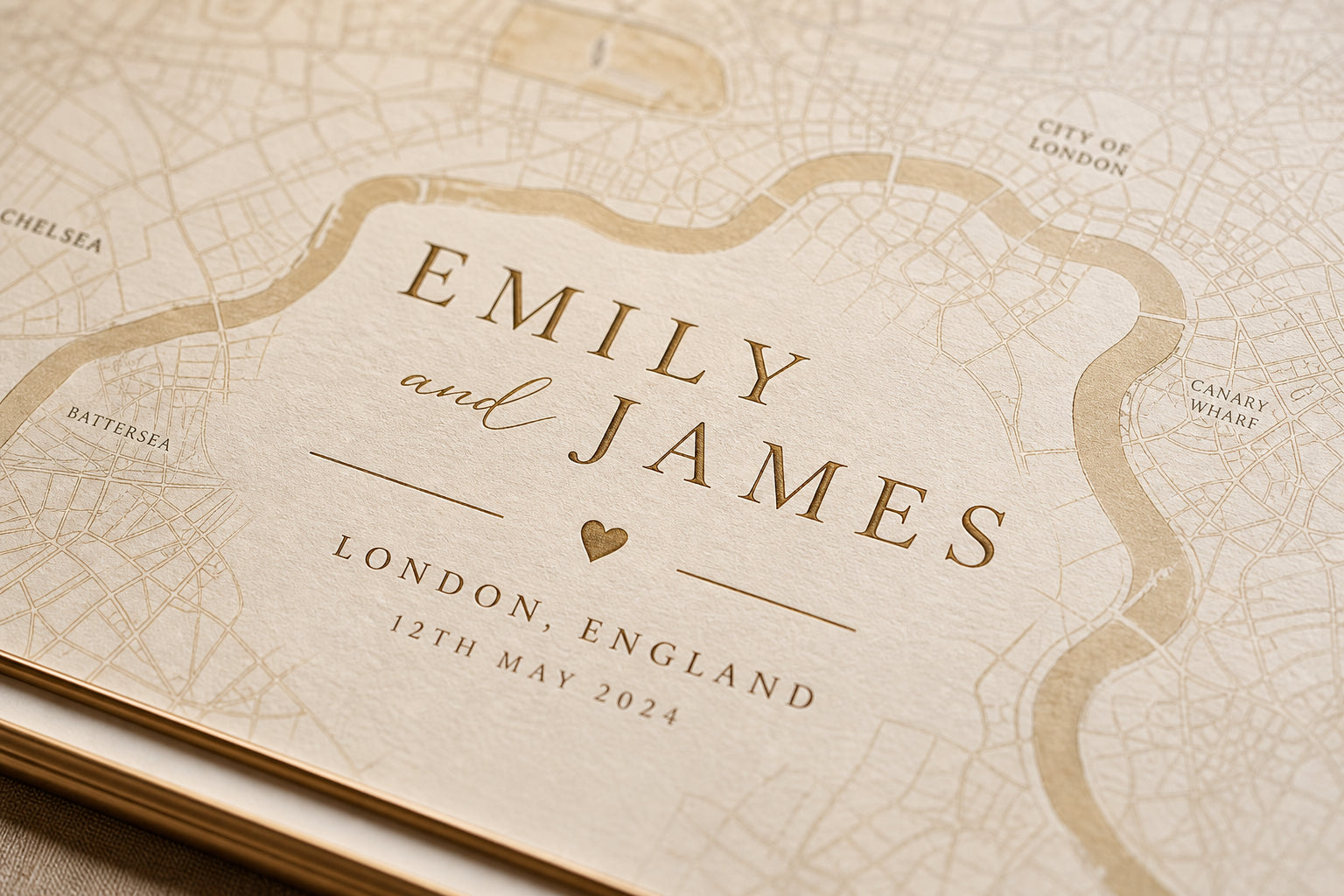Close-up of couple's map art names and map linework