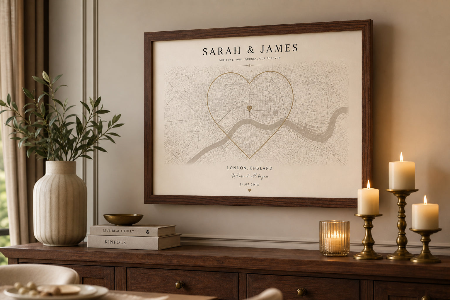 Couple's wedding map art above a dining room sideboard