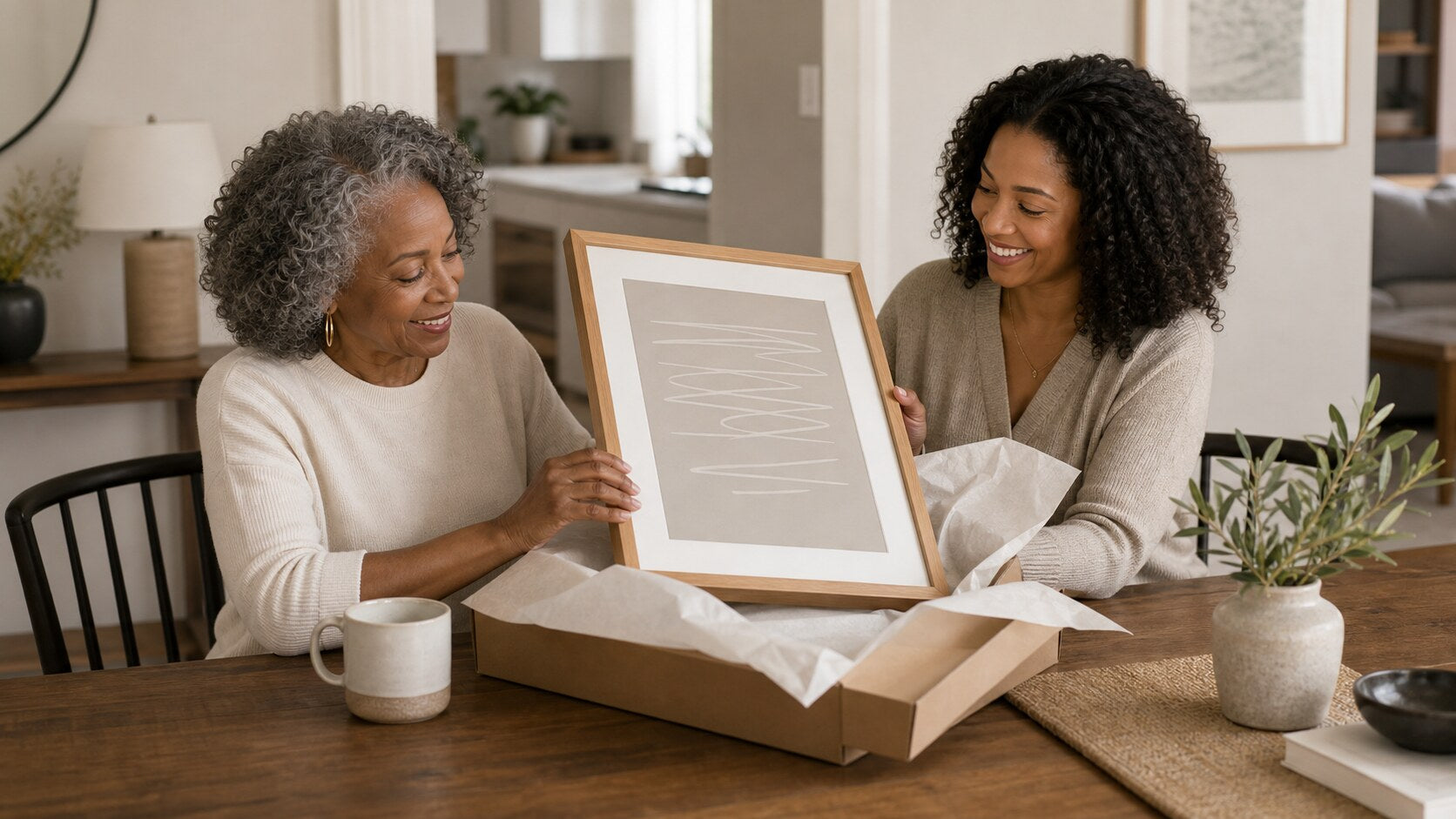 Family unboxing a framed custom quote artwork gift