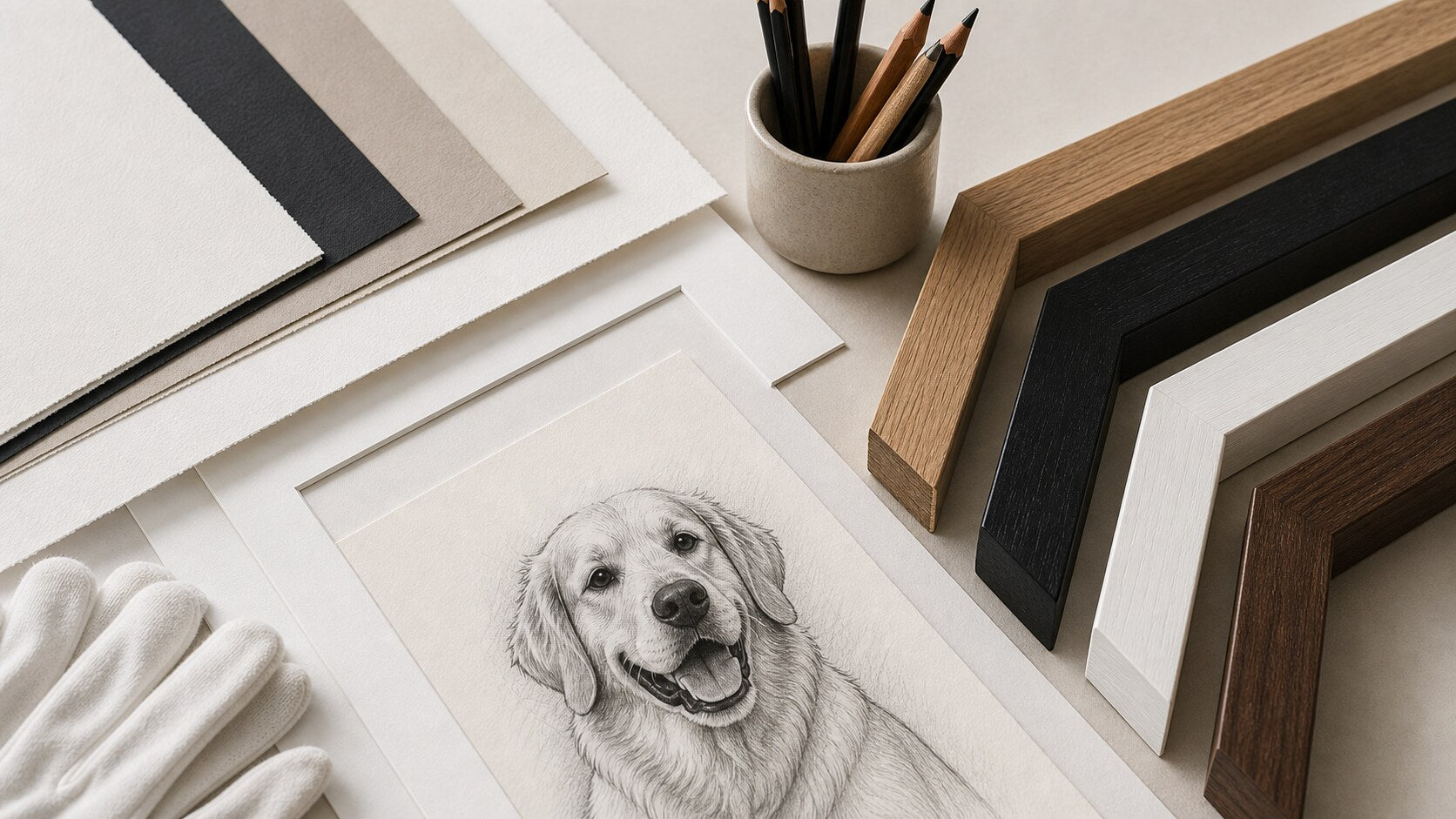 Archival paper, mat board, and frame samples for custom artwork