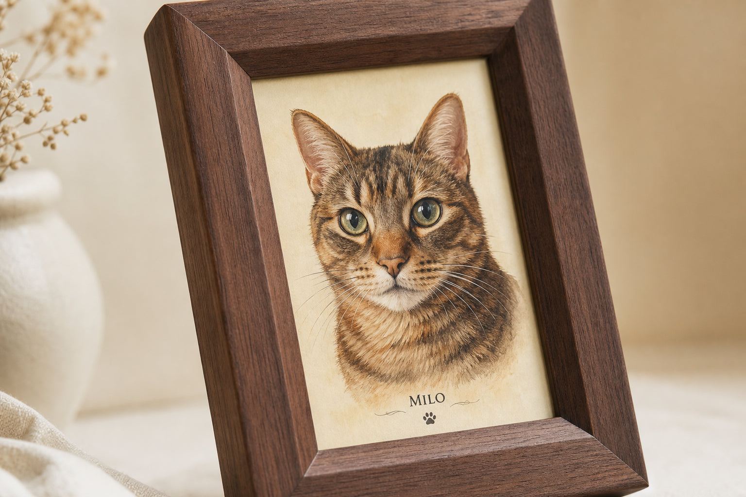 Close-up detail of a mini custom pet portrait in walnut frame