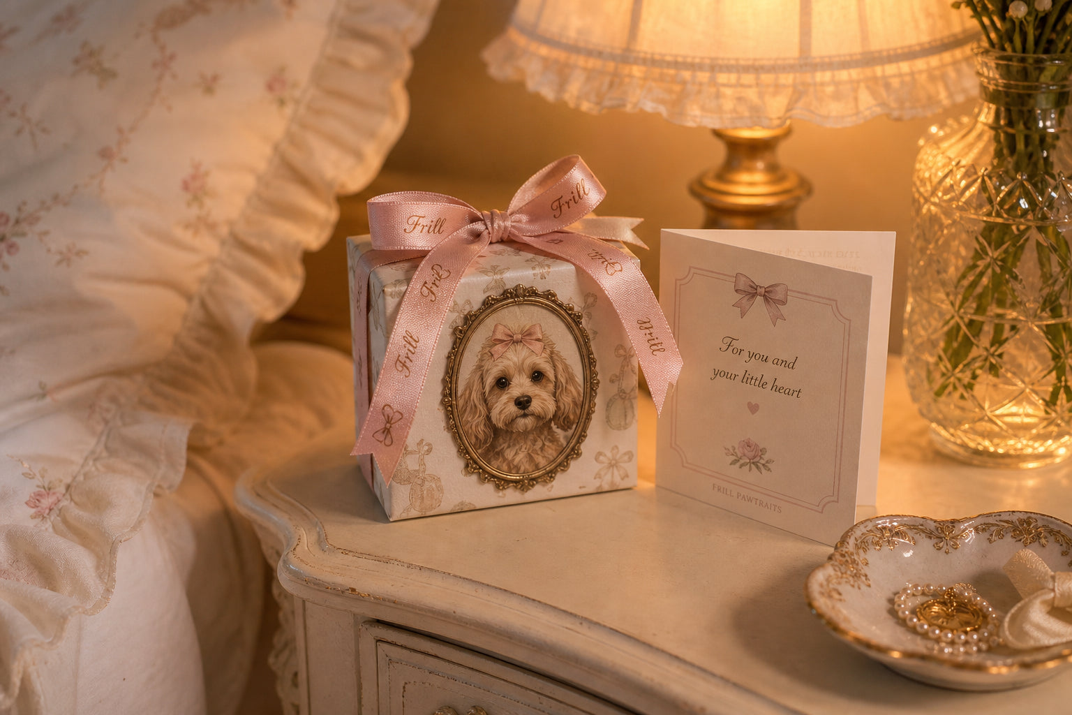 Wrapped mini pet portrait gift on a bedside table with greeting card