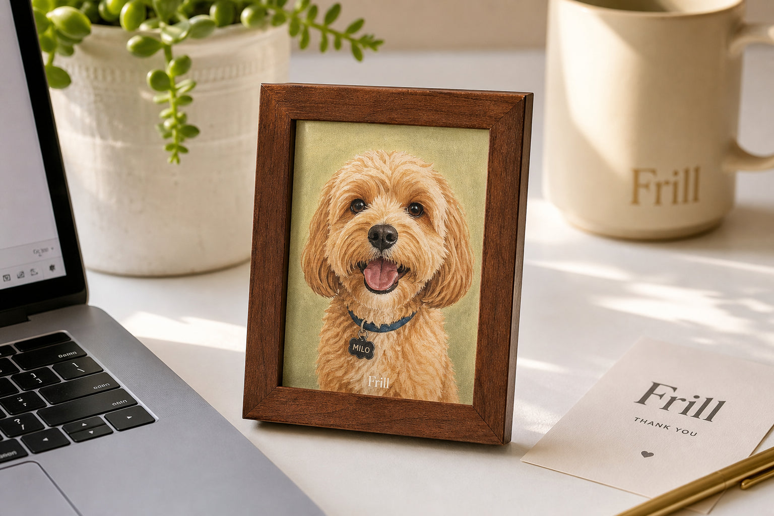 Mini 5x7 custom pet portrait on a desk beside a laptop and succulent