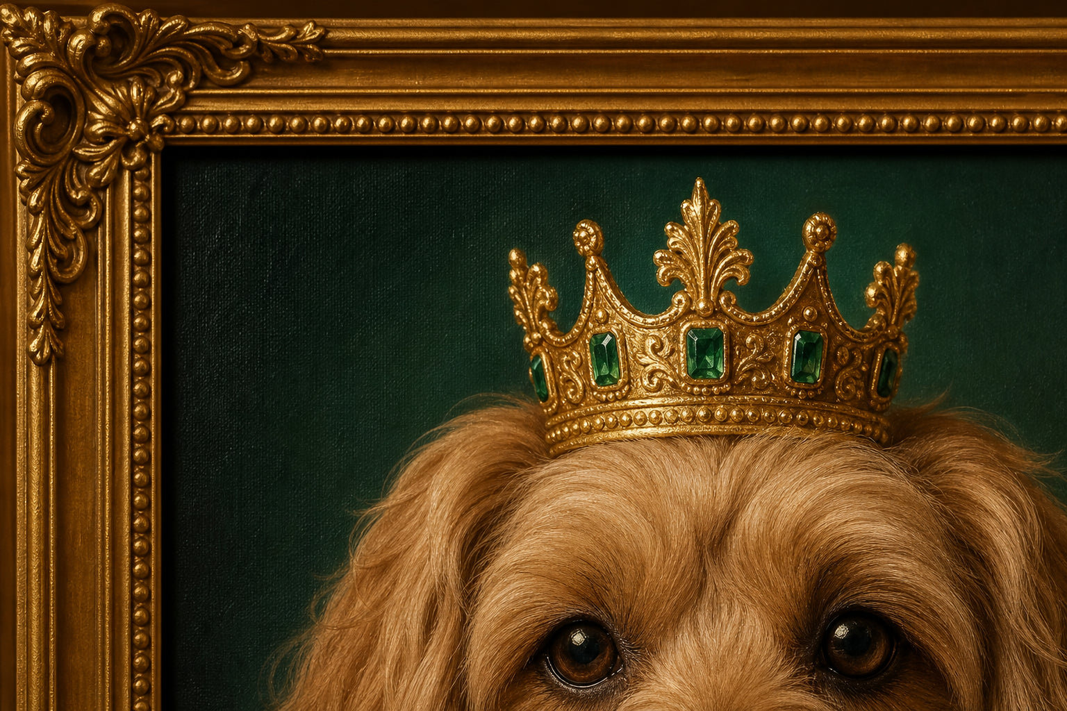 Close-up of royal pet portrait crown detail and gold frame