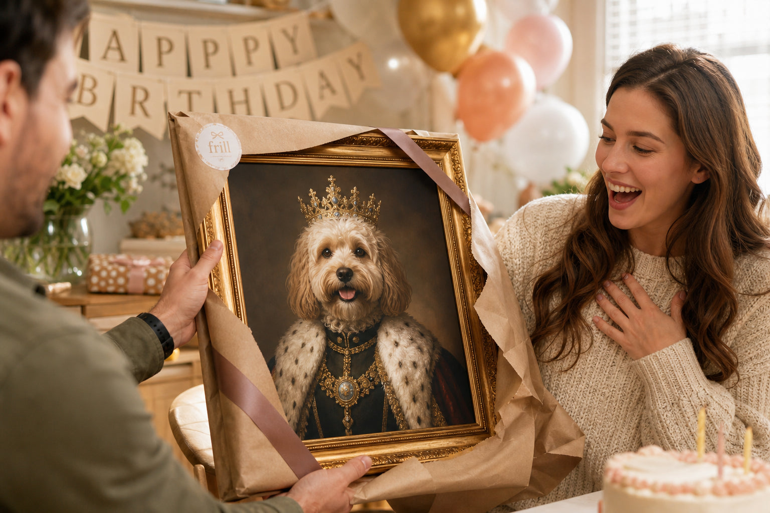 Royal pet portrait presented as a wrapped birthday gift