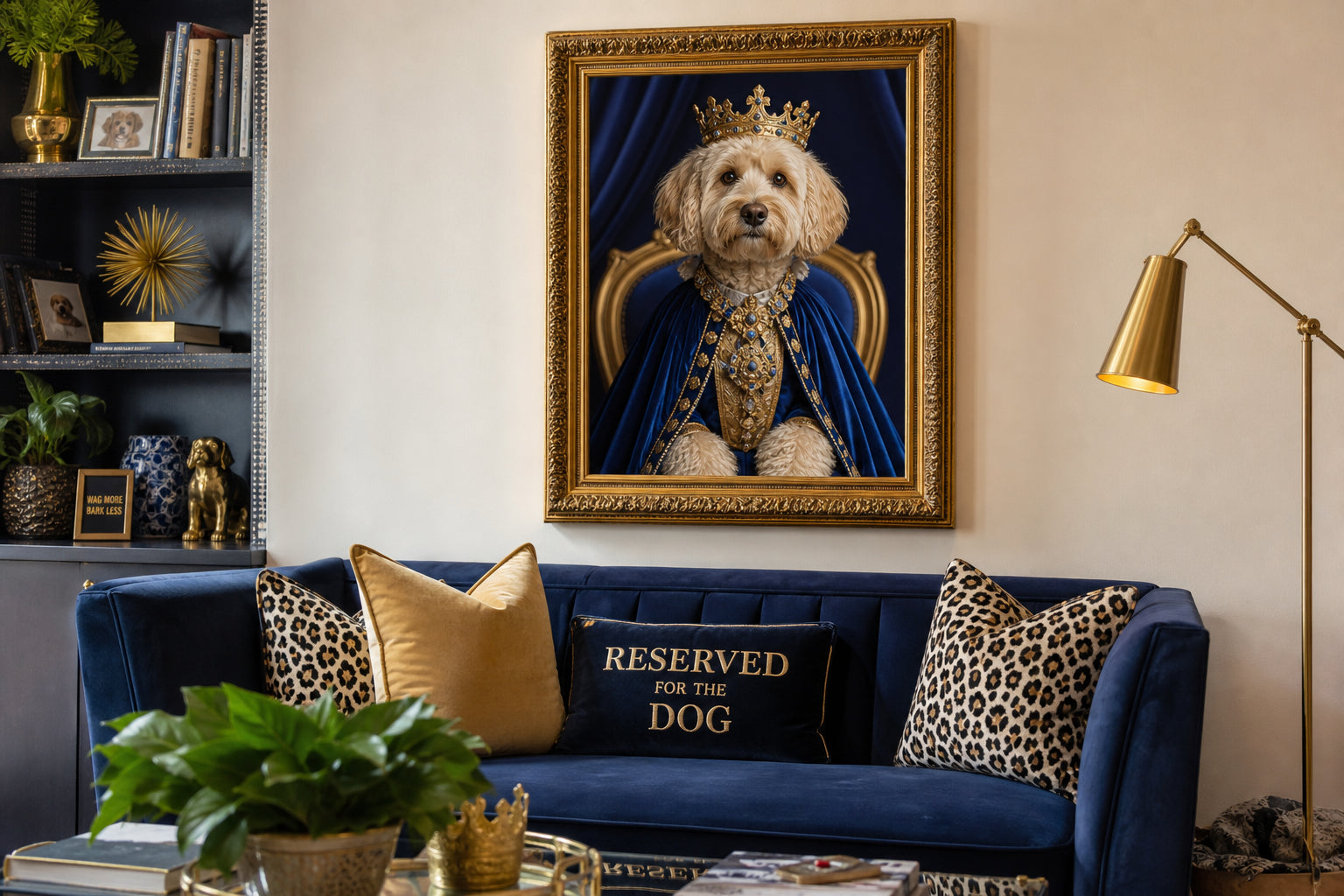 Regal pet portrait in gold frame styled on a living room wall