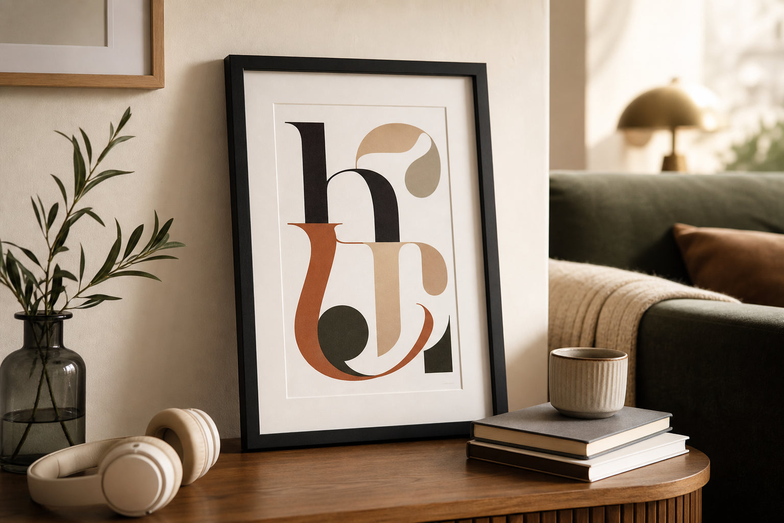 Framed custom song lyrics art above a living room sofa
