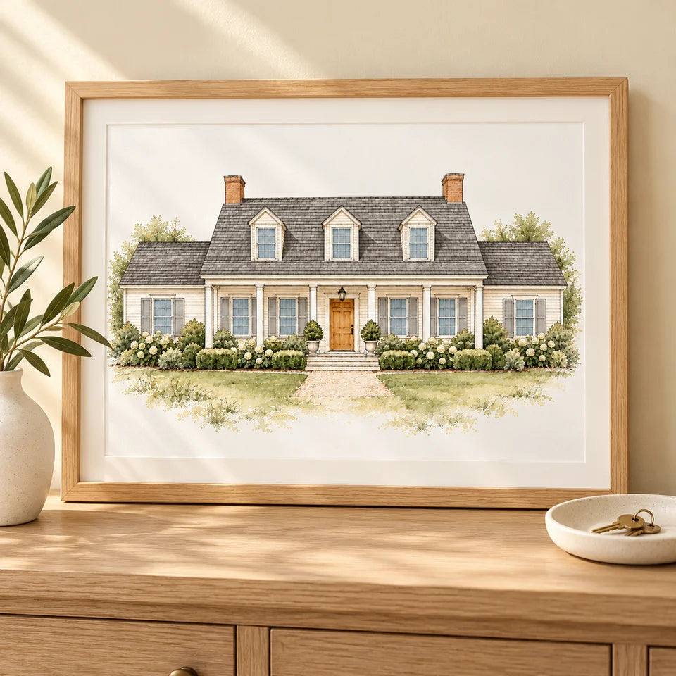 Framed house artwork styled in a home