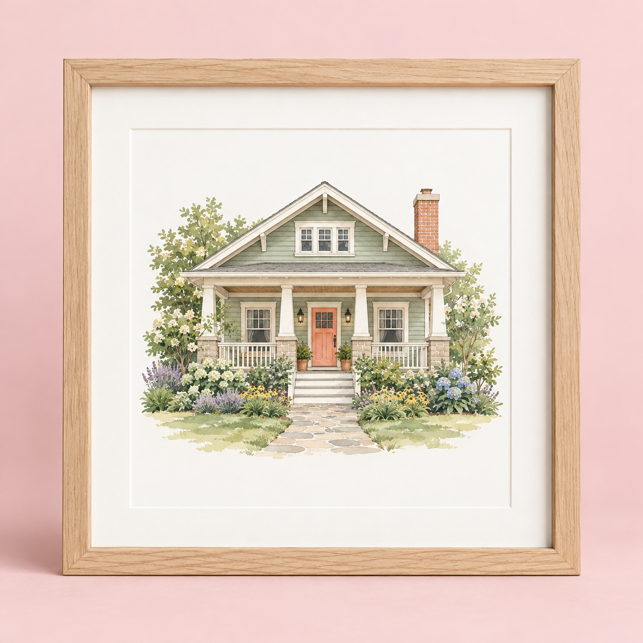 Concept example of a sage cottage illustrated in watercolor, in a natural wood frame