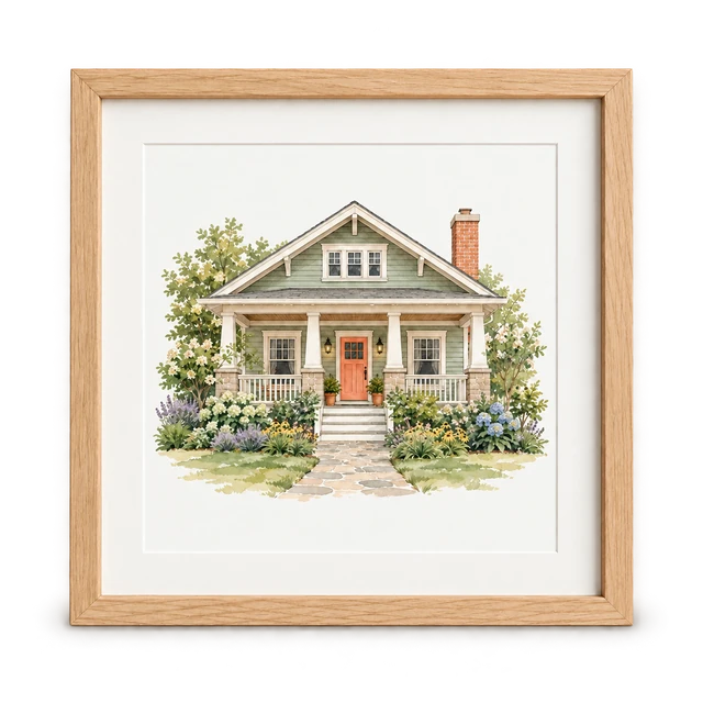 Home illustration concept featuring a sage cottage in a wood frame