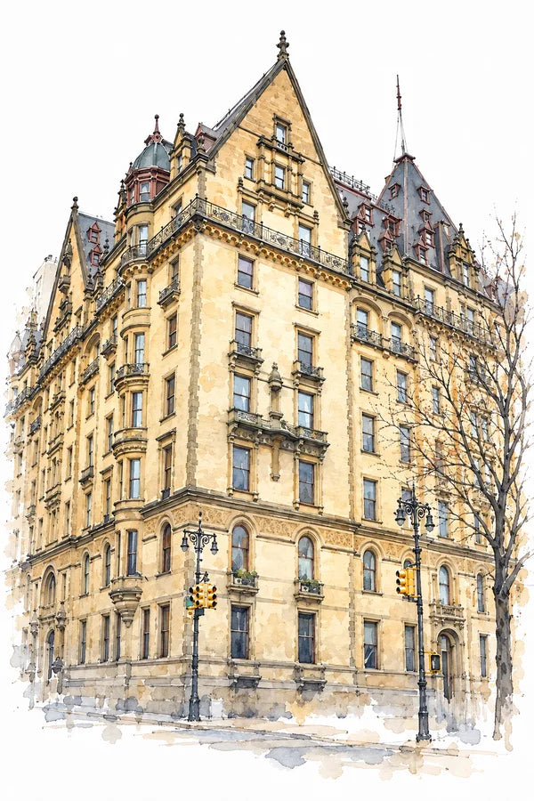 Ink and wash illustration of a gabled stone apartment building