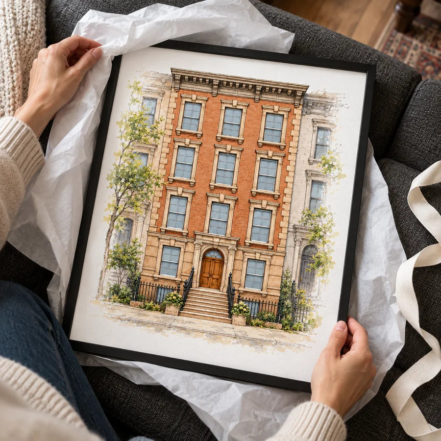 Framed apartment illustration being unwrapped on a sofa