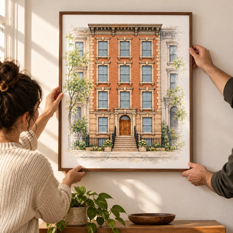 Two people hanging a framed brownstone portrait in their home
