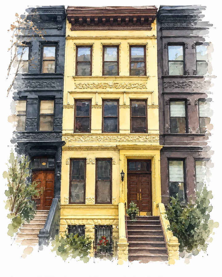 Ink and wash illustration of a yellow row house