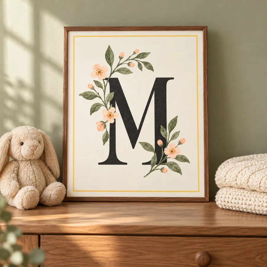 Framed botanical M on a nursery dresser beside a soft bunny