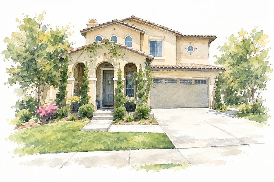 Ink and watercolor illustration of a cream stucco house with a tiled roof