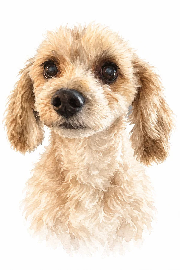 Watercolor portrait of an apricot poodle