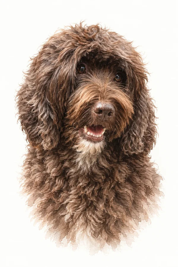 Watercolor portrait of a shaggy brown dog