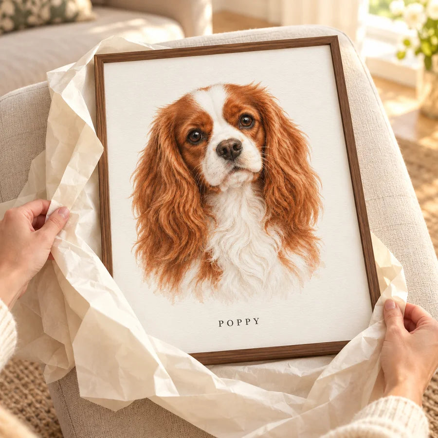 A personal Poppy portrait being unwrapped as a gift